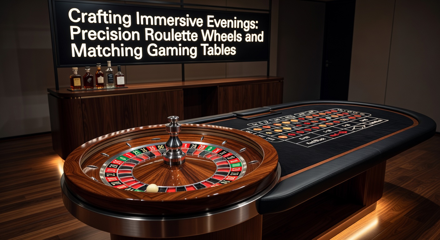 Ein präzises Roulette-Rad aus Aluminium mit passendem Gaming-Tisch in einem gemütlichen Heimsetup, das Atmosphäre für lange Abende schafft
