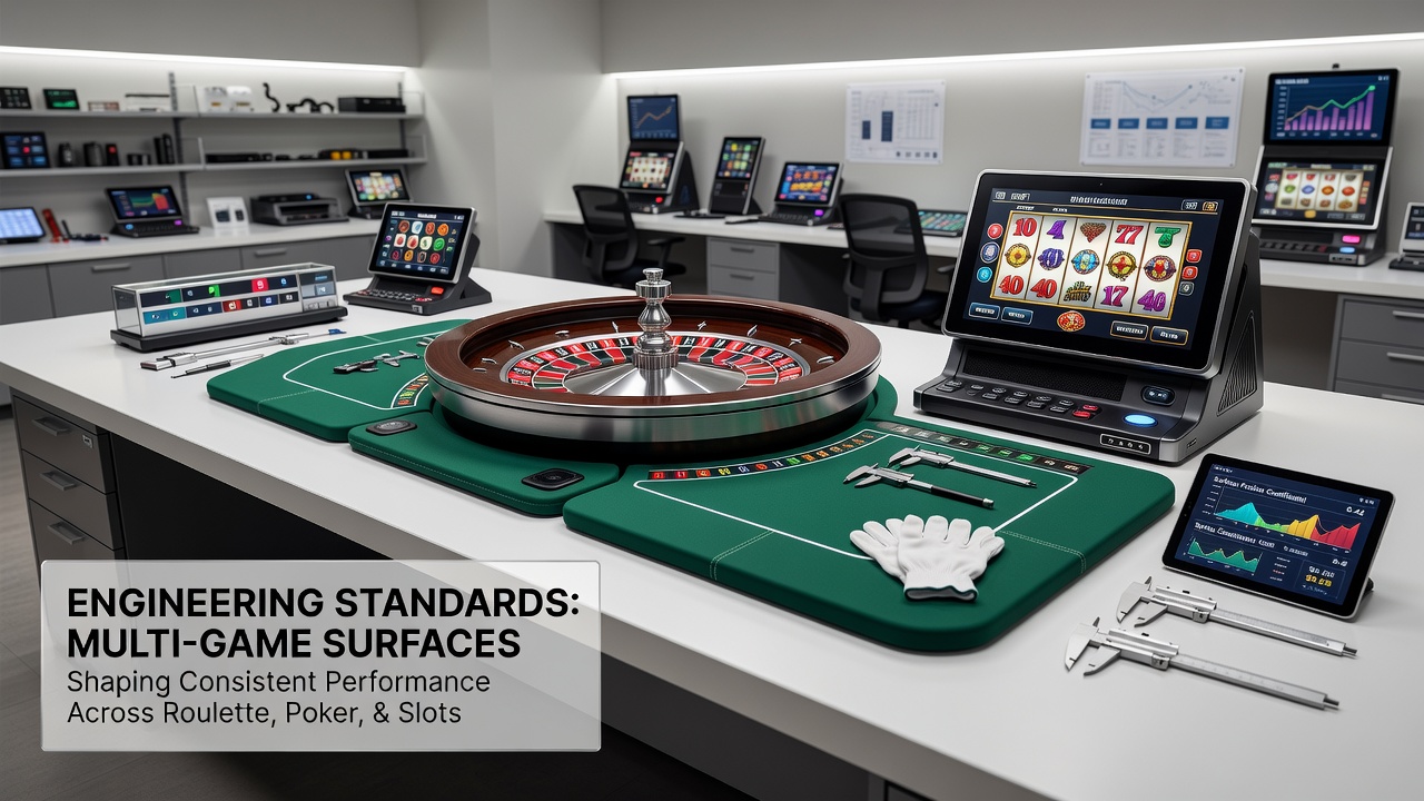 Technische Zeichnung einer Multi-Game-Oberfläche mit integriertem Roulette-Rad und Poker-Zubehör