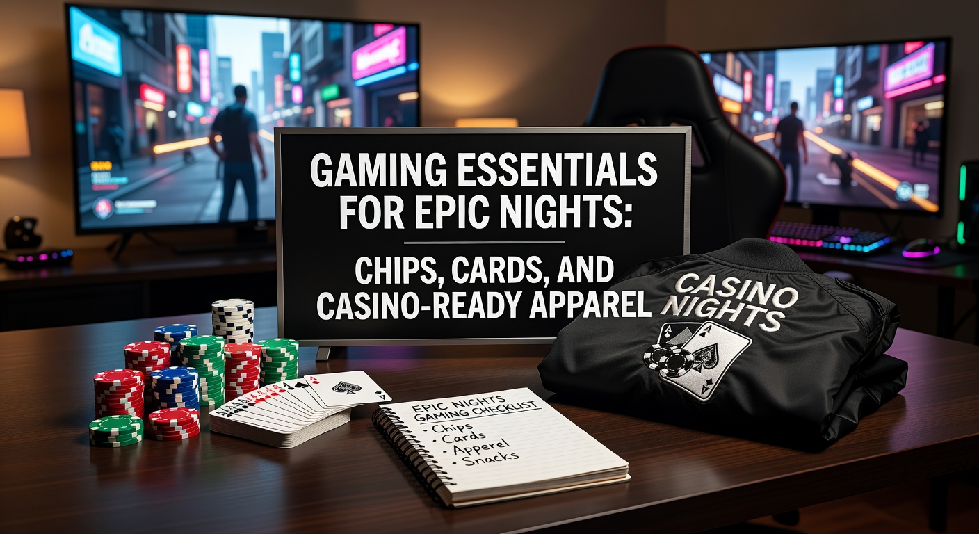 Eine elegante Ansammlung von Pokerchips, Spielkarten und stilvoller Casino-Kleidung auf einem polierten Tisch, bereit für eine epische Gaming-Nacht