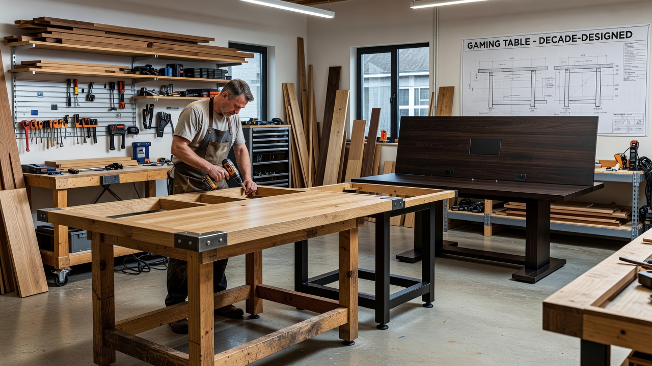 Innenansicht einer Werkstatt, in der stabile Gaming-Tische aus Holz gefertigt werden
