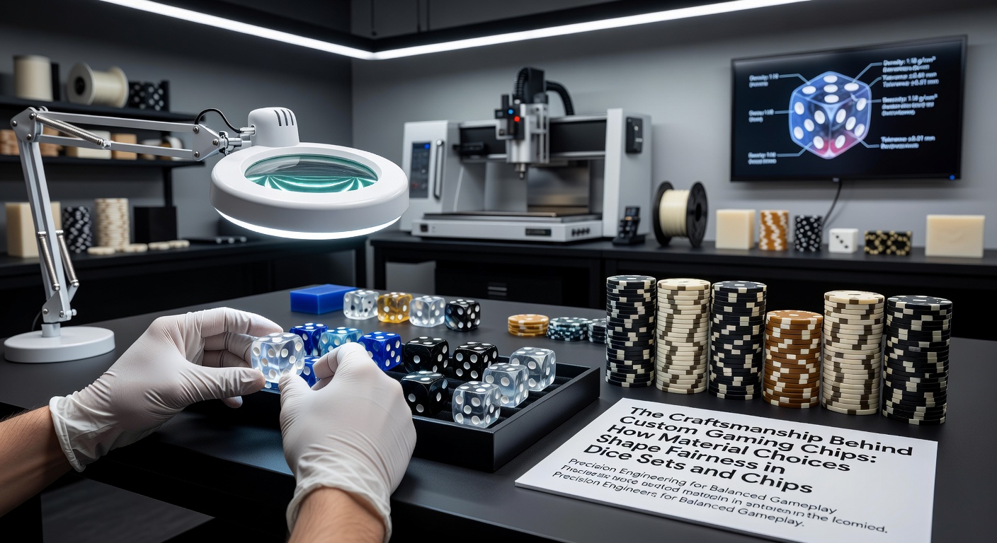Detailansicht von Würfelsets und Kartendecks mit maßgefertigten Chips zur Veranschaulichung von Materialeinflüssen