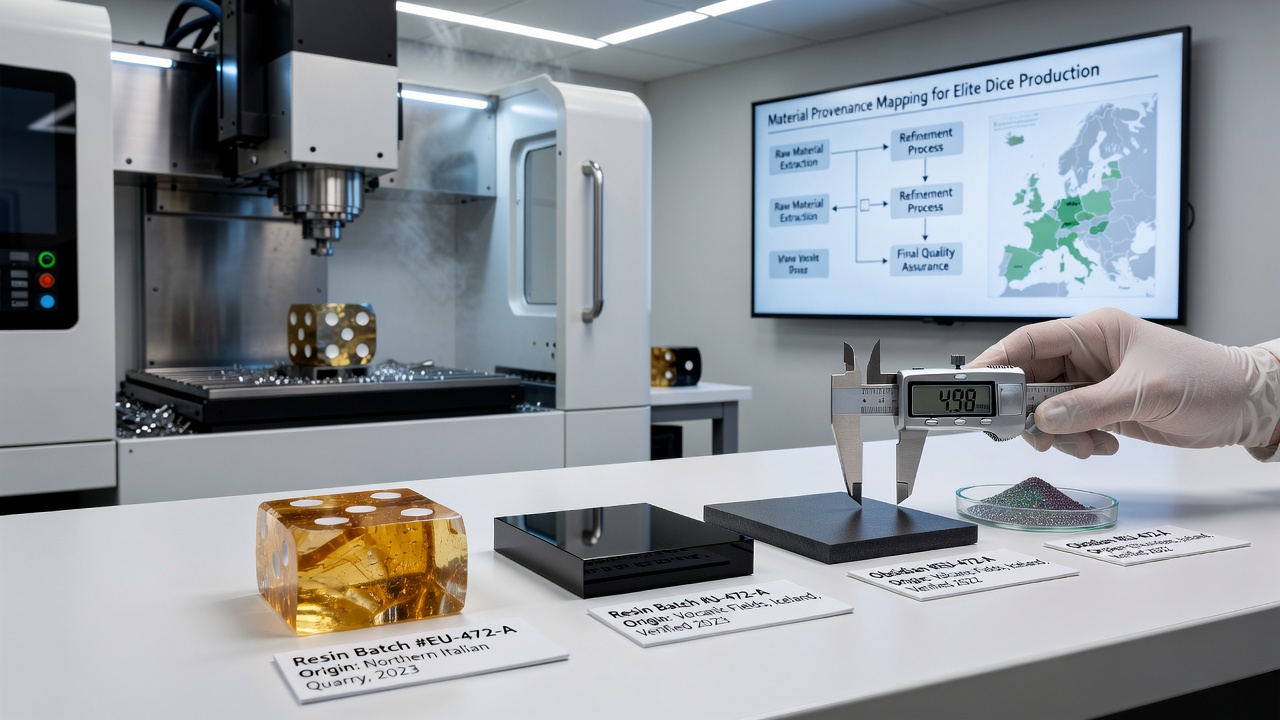 Präzisionswürfel mit dokumentierter Materialherkunft auf einem Arbeitstisch in einer europäischen Manufaktur